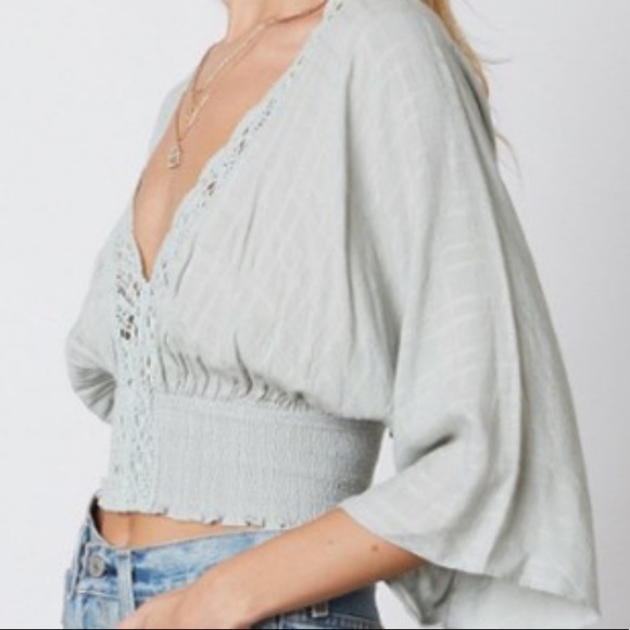 Crochet lace smocked top - SAGE - Picture 2 of 7